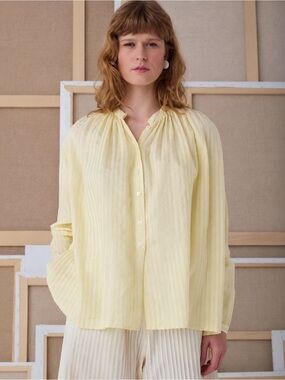 Mii Collection Nathalie Yellow Stripe Cotton Silk Button Front Blouse Small